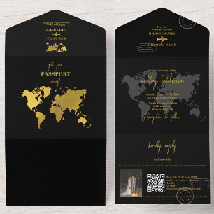 Reiseziel Hochzeit Weltpass Schwarz Gold All In One Einladung