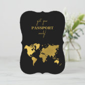 Reiseziel Hochzeit Weltpass Schwarz Gold Einladung (Stehend Vorderseite)