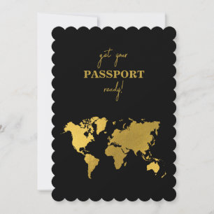 Reiseziel Hochzeit Weltpass Schwarz Gold Einladung