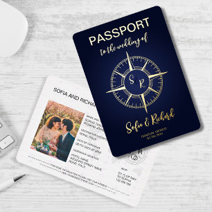 Reiseziel-Hochzeitspass Gold Kompass Monogramm Folieneinladung