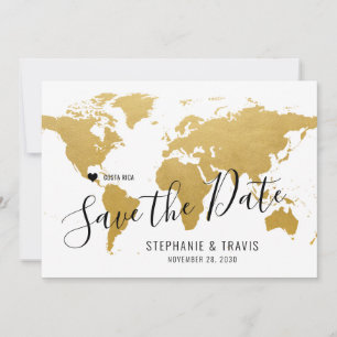 Reiseziel-Weltkarte Gold Verschiebbares Herz Save The Date