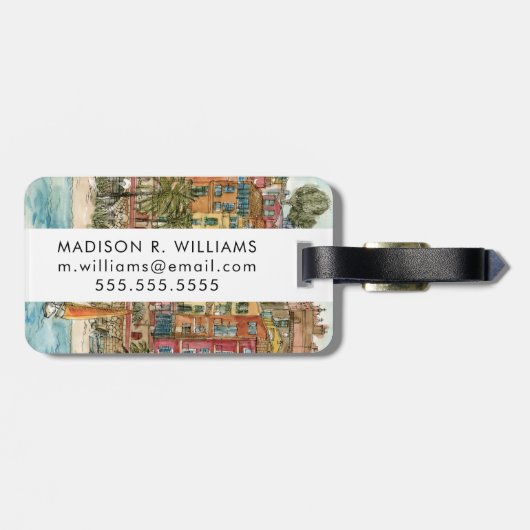 Reiseziele | Strand und Gebäude in Aquarellfarben Gepäckanhänger (Rückseite horizontal)