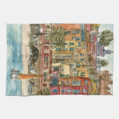 Reiseziele | Strand und Gebäude in Aquarellfarben Geschirrtuch (Horizontal)