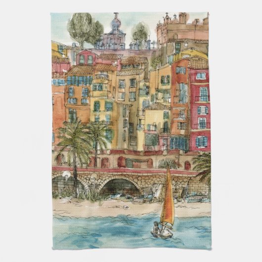 Reiseziele | Strand und Gebäude in Aquarellfarben Geschirrtuch (Vertikal)