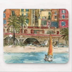 Reiseziele   Strand und Gebäude in Aquarellfarben Mousepad