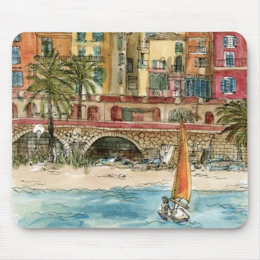 Reiseziele | Strand und Gebäude in Aquarellfarben Mousepad (Vorne)