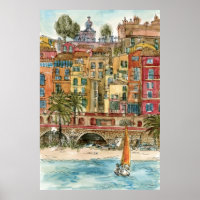 Reiseziele | Strand und Gebäude in Aquarellfarben