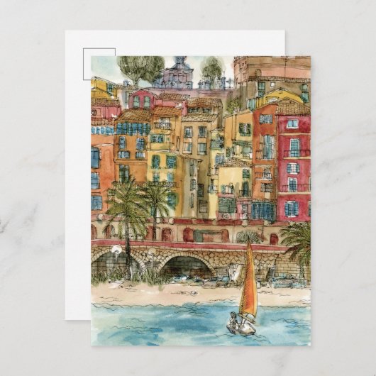 Reiseziele | Strand und Gebäude in Aquarellfarben Postkarte (Vorne/Hinten)