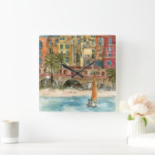 Reiseziele | Strand und Gebäude in Aquarellfarben Quadratische Wanduhr (Zuhause)