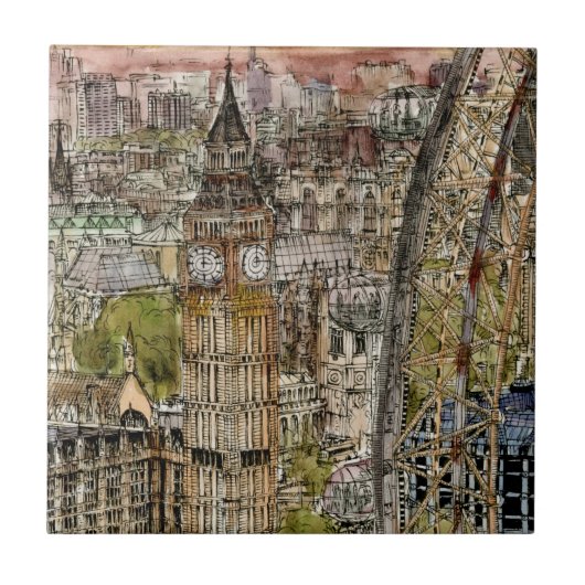 Reiseziele | Watercolor Big Ben & London Eye Fliese (Vorderseite)