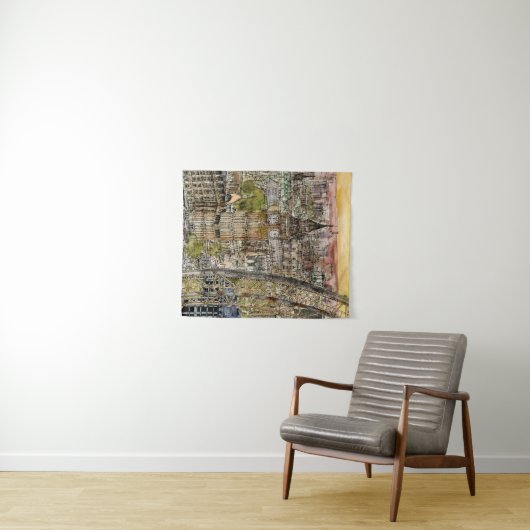 Reiseziele | Watercolor Big Ben & London Eye Wandteppich (Beispiel (Horizontal))