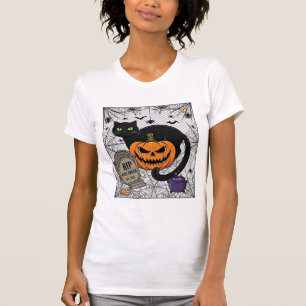 Reiß Halloween Schwarze Katze Kürbis Grabstein Kes T-Shirt