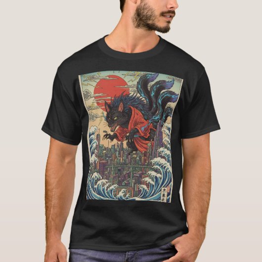 Reißender Wolf über dem Neon-Tokio-Sonnenuntergang T-Shirt (Vorderseite)