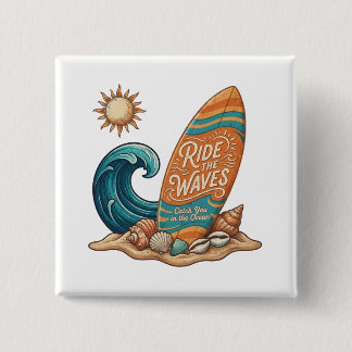 Reite die Wellen Surfboard Illustration - Tropisch Button