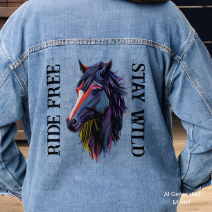 Reite frei, bleibe wild, bunte Pferdekopf Jeansjacke