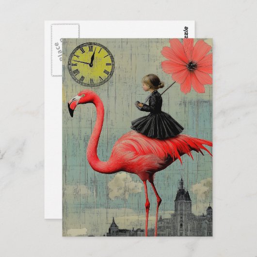 Reiten in einem rosa Flamingo Postkarte (Vorne/Hinten)