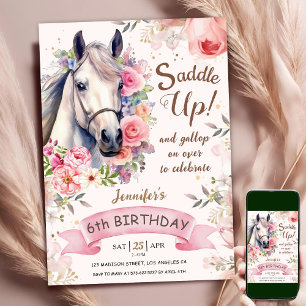 Reiter Mädchen 6. Geburtstag Rosa Blumen Sattel Au Einladung