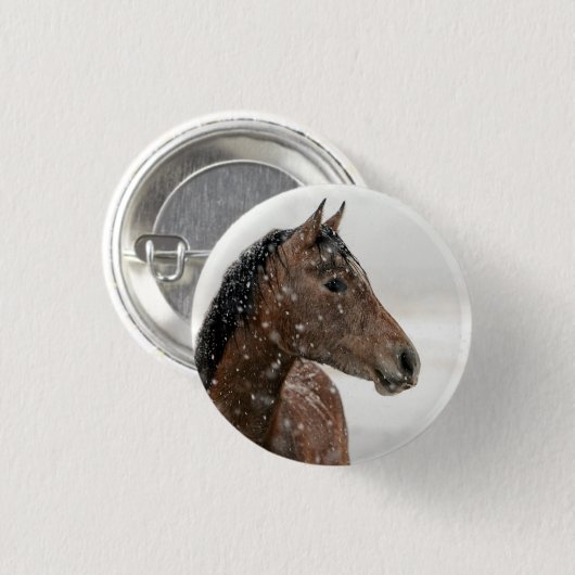 Reitpferd Stehend im sanft abfallenden Schnee Button (Vorne & Hinten)