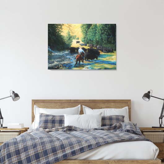 Reitpferd und Angusrinder und Fluss Leinwanddruck (Insitu (Schlafzimmer))