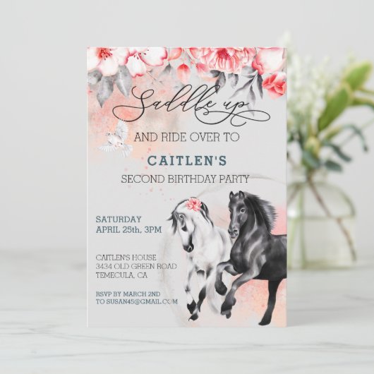 Reitpferde Blume Rot Schwarz Einladung (Stehend Vorderseite)