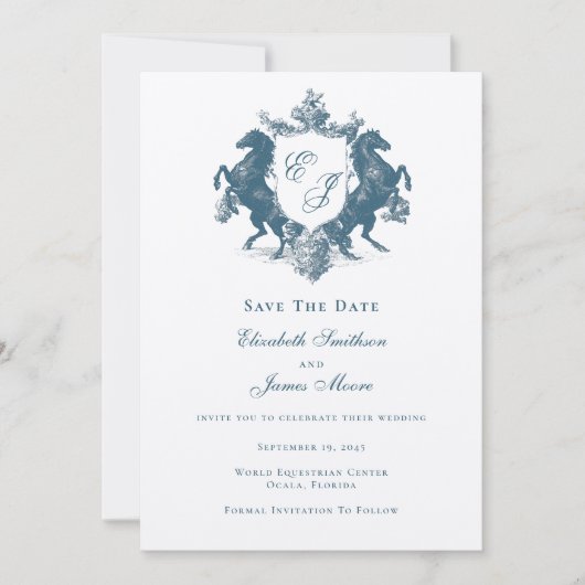 Reitpferde Monogram Horses Wappen Aquamarin Blue W Save The Date (Vorderseite)