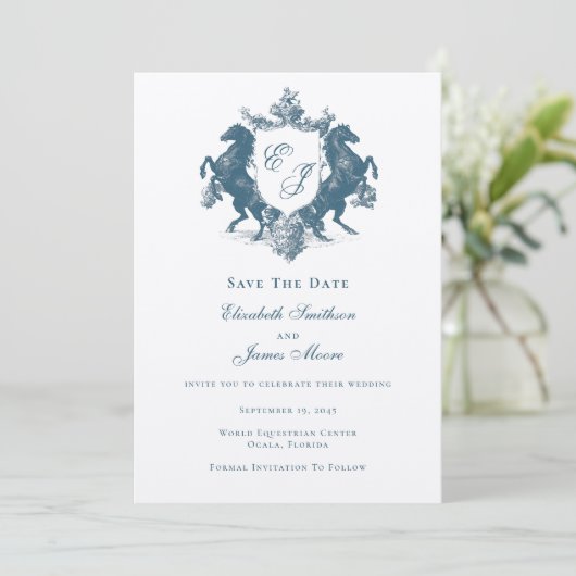 Reitpferde Monogram Horses Wappen Aquamarin Blue W Save The Date (Stehend Vorderseite)