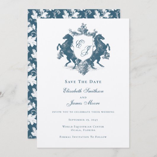 Reitpferde Monogram Horses Wappen Aquamarin Blue W Save The Date (Vorne/Hinten)