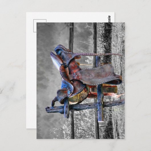 Reitsattel auf dem Corral Fence Western Postkarte (Vorne/Hinten)