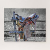 Reitsattel auf dem Corral Fence Western Puzzle (Horizontal)
