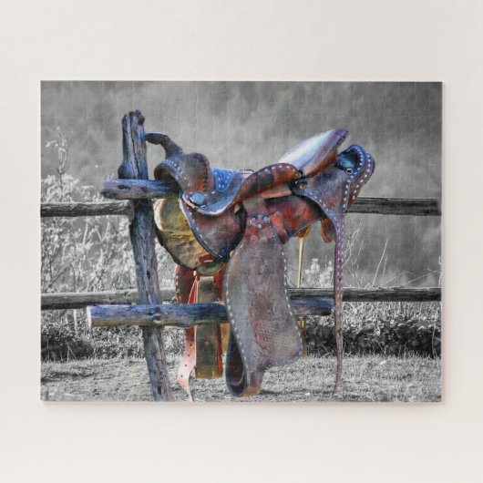 Reitsattel auf dem Corral Fence Western Puzzle (Horizontal)