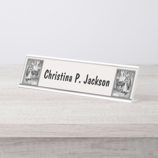 Reitstall mit Wolf im Extravaganten Schwarzen Rahm Schreibtischnamensplakette (Vorderseite )