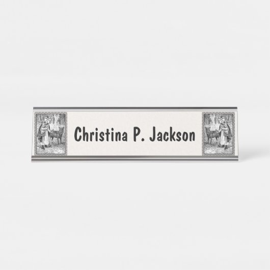 Reitstall mit Wolf im Extravaganten Schwarzen Rahm Schreibtischnamensplakette (Vorderseite )