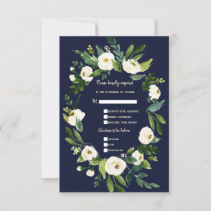 Reizende Aquarell Weiße Florale Dunkelblaue Hochze RSVP Karte