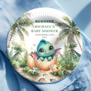 Reizende blaue Dino-Baby-Party "Schlüpft bald"-Pla Pappteller