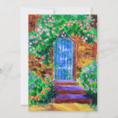 Reizende blaue hölzerne Tür zum geheimen Einladung (Vorderseite)