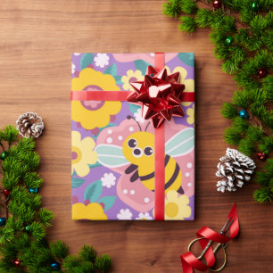 Reizende Cartoon-Bienen und Blumen Geschenkpapier