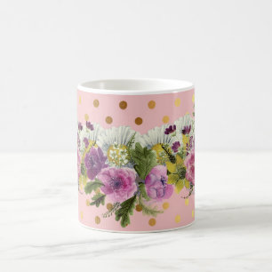 Reizende falsche goldene Tupfen Wasserfarbe Blumen Kaffeetasse