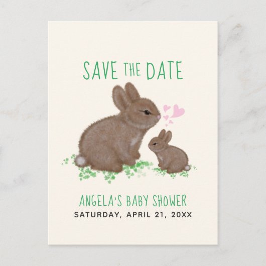 Reizende Hasen-Herzen-Baby-Shower-Save-the-Date Ankündigungspostkarte (Vorderseite)
