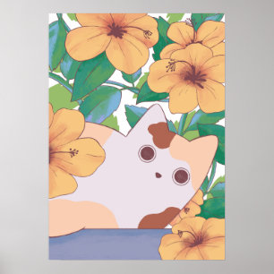 Reizende Katze mit Blumen Poster