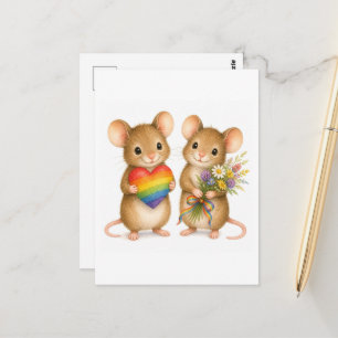 Reizende Mäuse mit Regenbogenherz und Blumen Postkarte