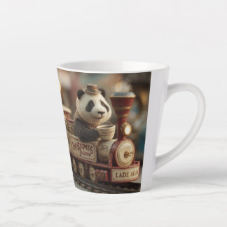 Reizende Panda-Figur auf einem Vintage-Spielzeugzu Milchtasse