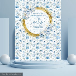 Reizende pastellblaue Blumen goldene Babyparty Wandteppich