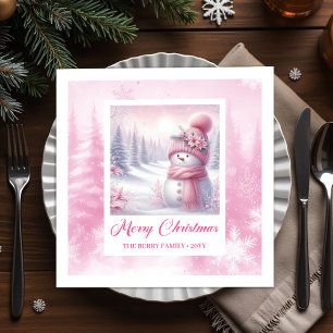 Reizende rosa Schneemann-Winterszene-Weihnachtsser Serviette