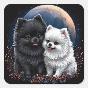 Reizende schwarze und weiße Pomeranian-Welpen Quadratischer Aufkleber