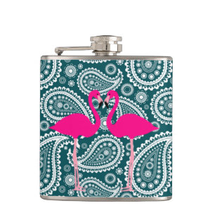 Reizende Tealblaue und Weiße Paisley-Flamingos Flachmann
