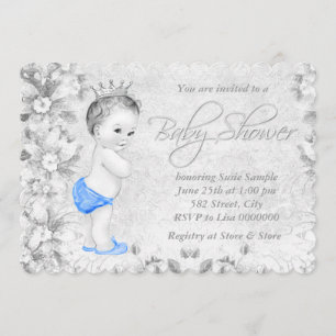 Reizende Vintage-Jungen-Blau- und Grau-Baby-Party Einladung