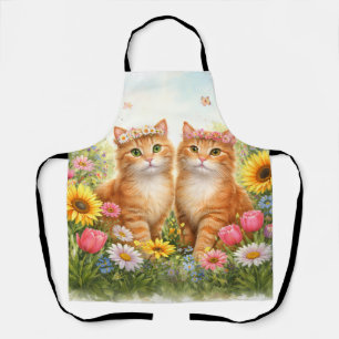 Reizende Zwillinge Orange Tabby Katzen mit Blumenk Schürze
