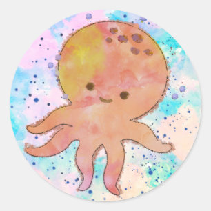 Reizender Cartoon-Oktopus im Wasserfarb-Stil Runder Aufkleber