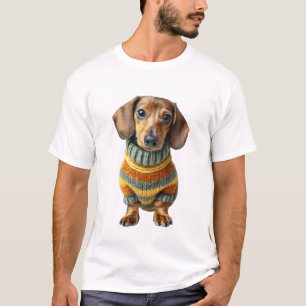 Reizender Dachshund-Welpe in gestreifter Strickjac T-Shirt
