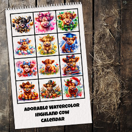 Reizender Highland-Kuh-Wasserfarben-Kalender Kalender